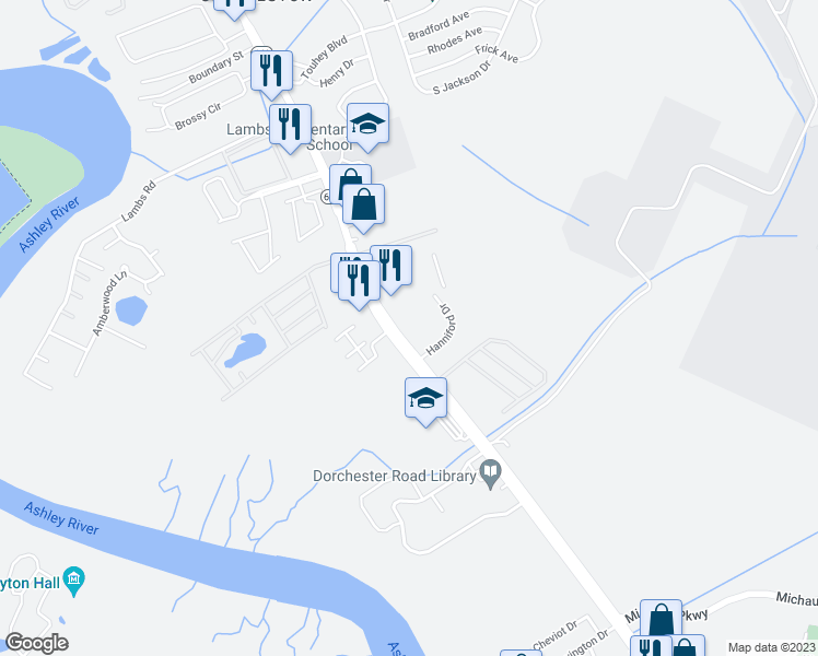map of restaurants, bars, coffee shops, grocery stores, and more near 6530 Dorchester Road in North Charleston