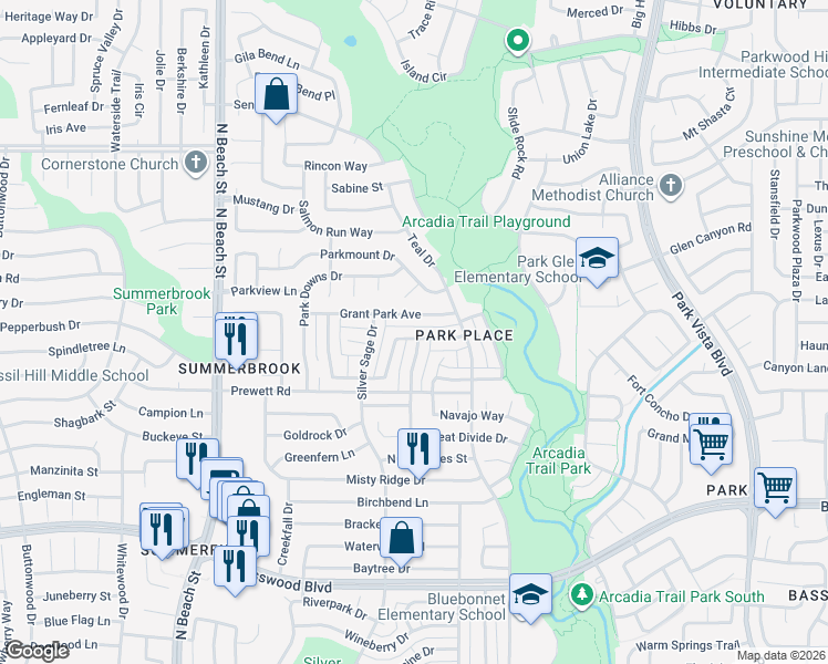 map of restaurants, bars, coffee shops, grocery stores, and more near 4720 Grant Park Avenue in Fort Worth