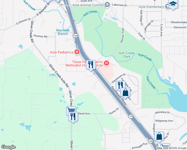 map of restaurants, bars, coffee shops, grocery stores, and more near 820 Southeast Parkway in Azle