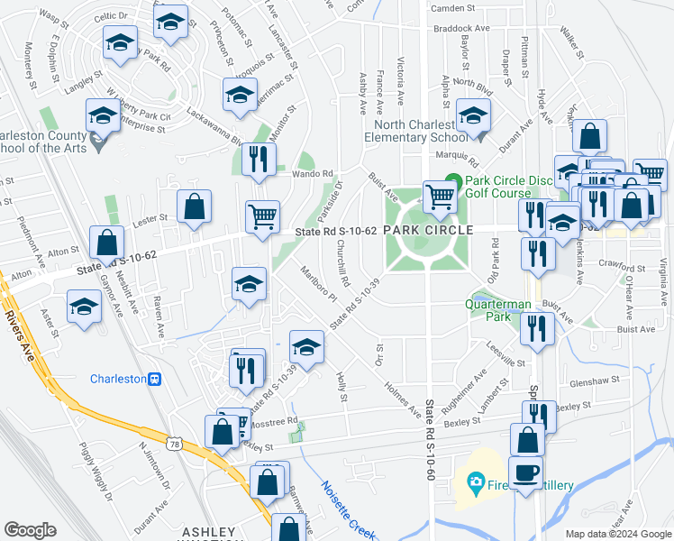 map of restaurants, bars, coffee shops, grocery stores, and more near 4739 Churchill Road in North Charleston