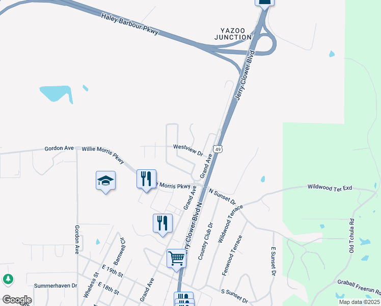 map of restaurants, bars, coffee shops, grocery stores, and more near 480 Westview Drive in Yazoo City