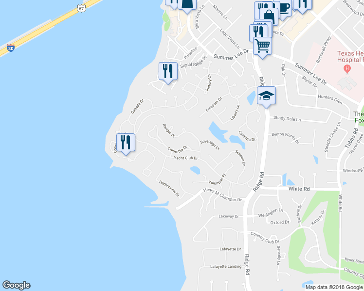 map of restaurants, bars, coffee shops, grocery stores, and more near 322 Columbia Drive in Rockwall