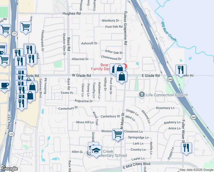 map of restaurants, bars, coffee shops, grocery stores, and more near 3002 Post Oak Drive in Euless