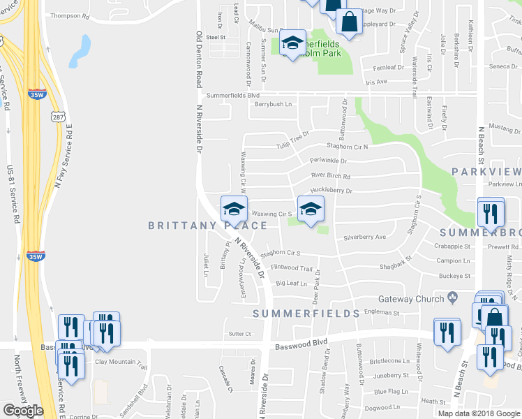 map of restaurants, bars, coffee shops, grocery stores, and more near 3717 Waxwing Circle South in Fort Worth