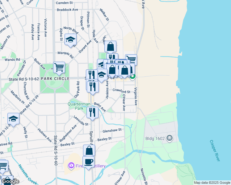 map of restaurants, bars, coffee shops, grocery stores, and more near 1059 Crawford Street in North Charleston
