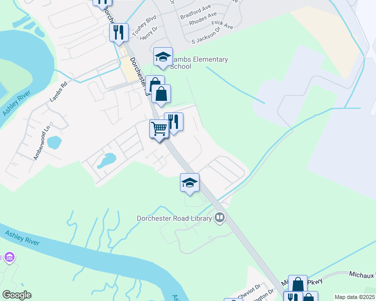 map of restaurants, bars, coffee shops, grocery stores, and more near 6520 Dorchester Road in North Charleston