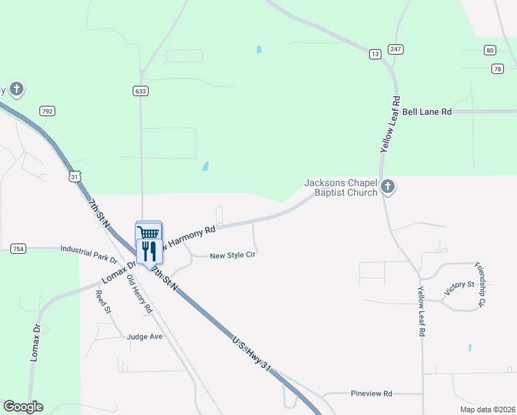 map of restaurants, bars, coffee shops, grocery stores, and more near 900 New Harmony Road in Clanton
