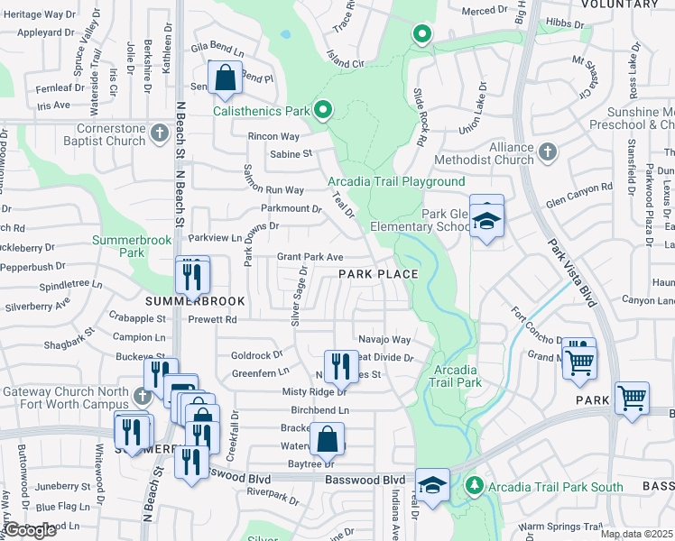 map of restaurants, bars, coffee shops, grocery stores, and more near 4733 Park Bend Drive in Fort Worth