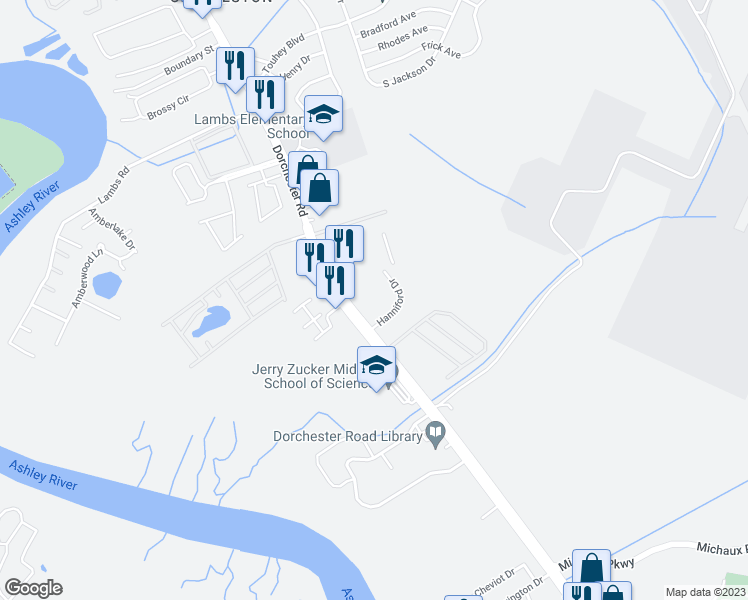 map of restaurants, bars, coffee shops, grocery stores, and more near 6530 Dorchester Road in North Charleston
