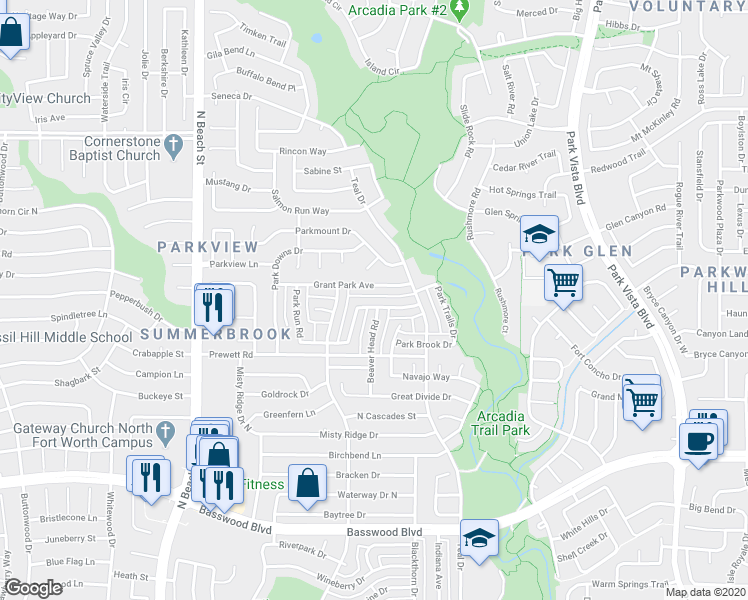 map of restaurants, bars, coffee shops, grocery stores, and more near 4720 Grant Park Avenue in Fort Worth