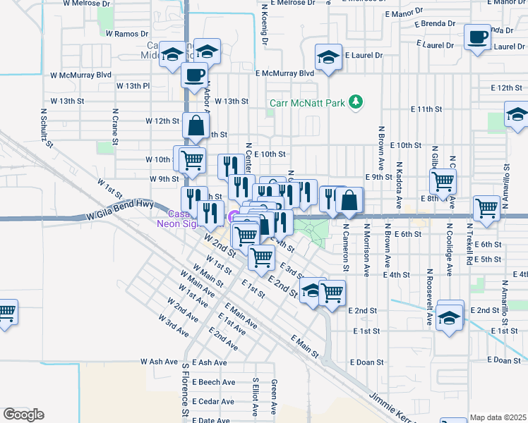 map of restaurants, bars, coffee shops, grocery stores, and more near 114 East Florence Boulevard in Casa Grande