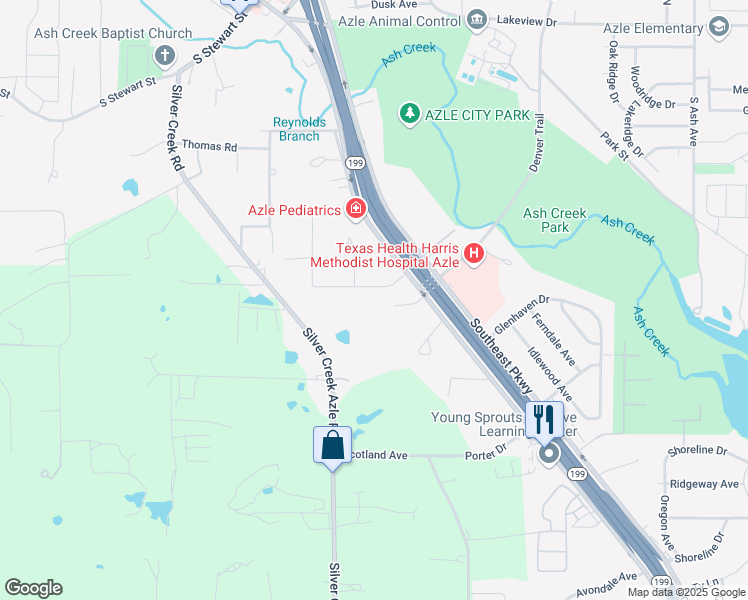 map of restaurants, bars, coffee shops, grocery stores, and more near 121 Sandra Drive in Azle