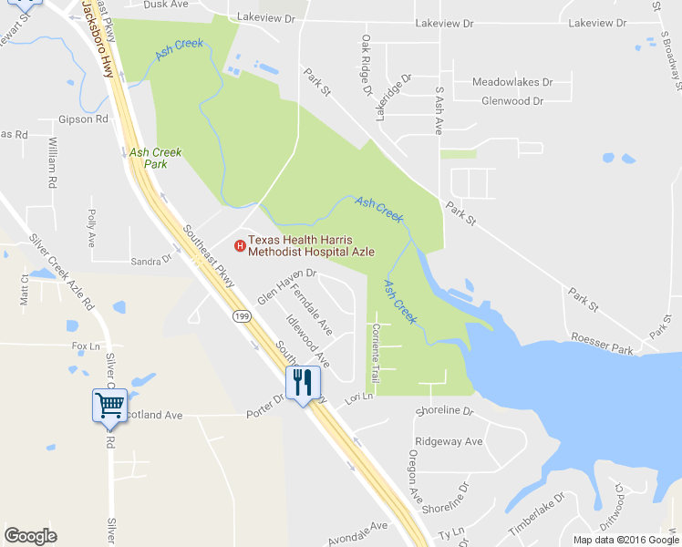 map of restaurants, bars, coffee shops, grocery stores, and more near 313 Glen Haven Drive in Azle