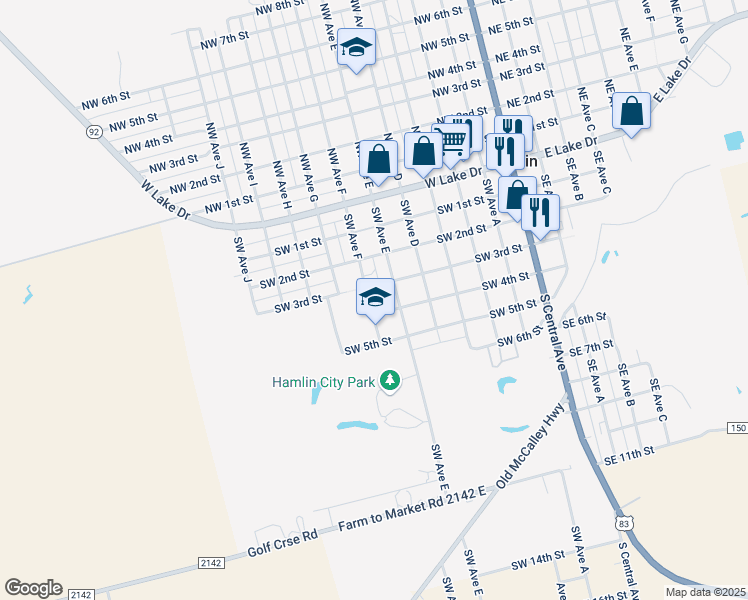 map of restaurants, bars, coffee shops, grocery stores, and more near 333 Southwest Avenue F in Hamlin