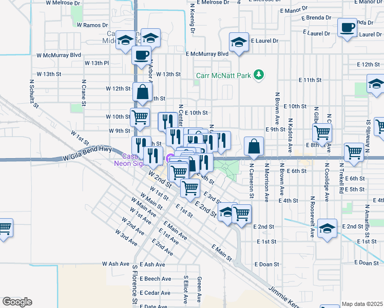 map of restaurants, bars, coffee shops, grocery stores, and more near 114 East Florence Boulevard in Casa Grande