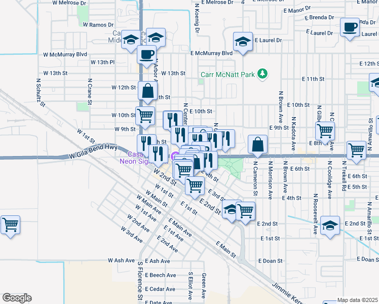 map of restaurants, bars, coffee shops, grocery stores, and more near 110 East Florence Boulevard in Casa Grande