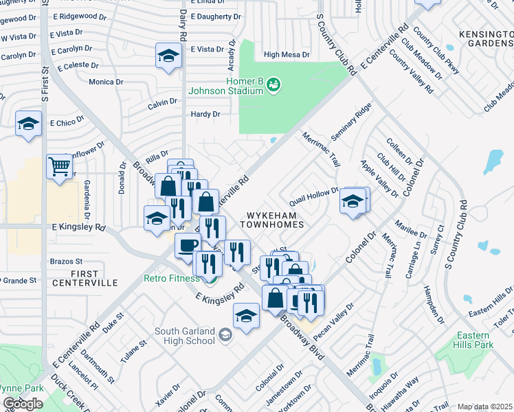 map of restaurants, bars, coffee shops, grocery stores, and more near 3202E Wykes Drive in Garland