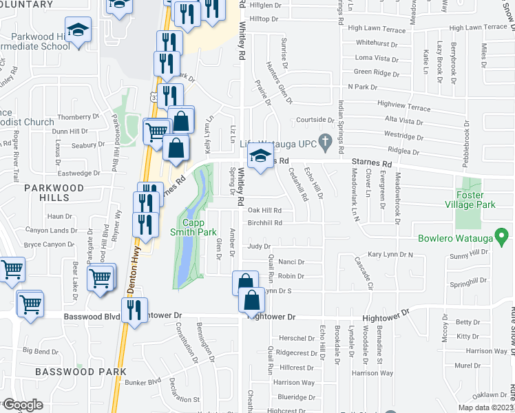 map of restaurants, bars, coffee shops, grocery stores, and more near 5917 Oak Hill Road in Watauga