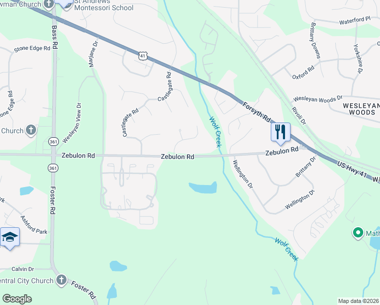 map of restaurants, bars, coffee shops, grocery stores, and more near 5181 Zebulon Road in Macon