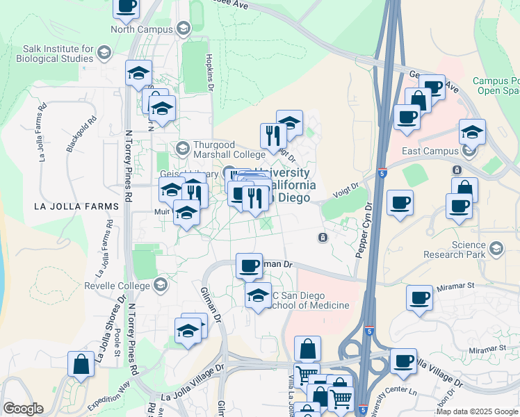 map of restaurants, bars, coffee shops, grocery stores, and more near 9450 Gilman Drive in San Diego