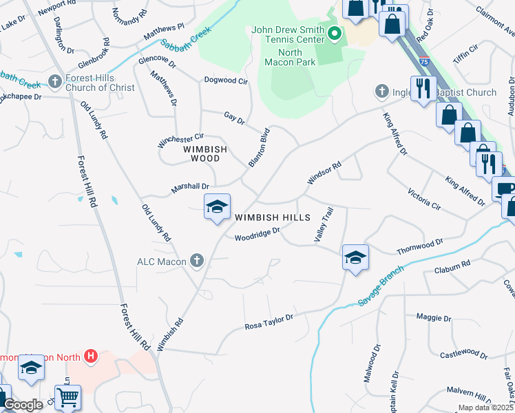 map of restaurants, bars, coffee shops, grocery stores, and more near 695 Wimbish Road in Macon