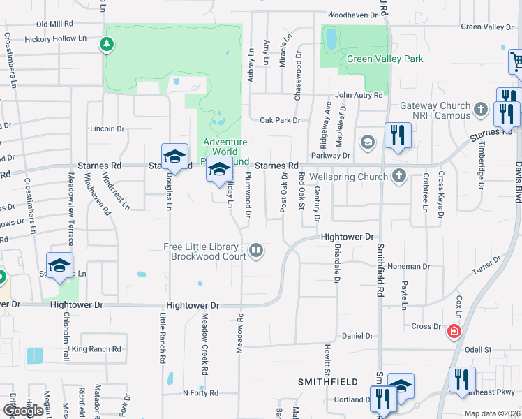 map of restaurants, bars, coffee shops, grocery stores, and more near 7309 Cottonwood Court in North Richland Hills