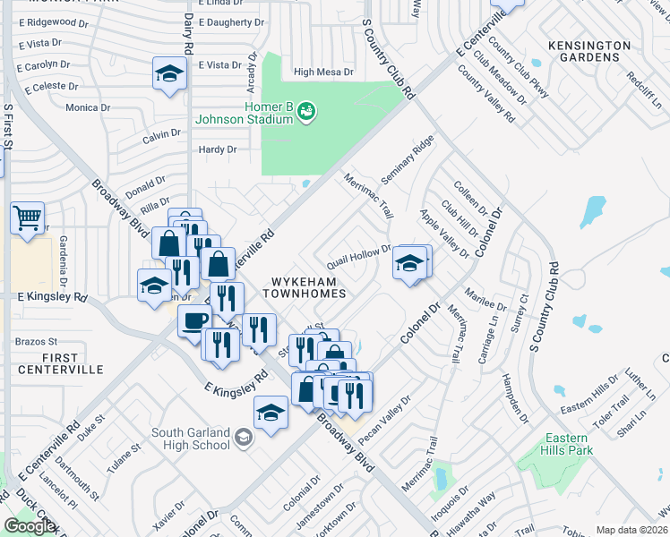map of restaurants, bars, coffee shops, grocery stores, and more near 3020 Club Country Drive in Garland