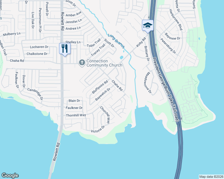 map of restaurants, bars, coffee shops, grocery stores, and more near 4302 Baywatch Drive in Rowlett