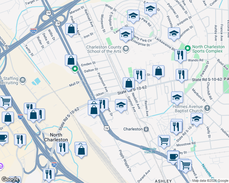 map of restaurants, bars, coffee shops, grocery stores, and more near 1917 Alton Street in North Charleston