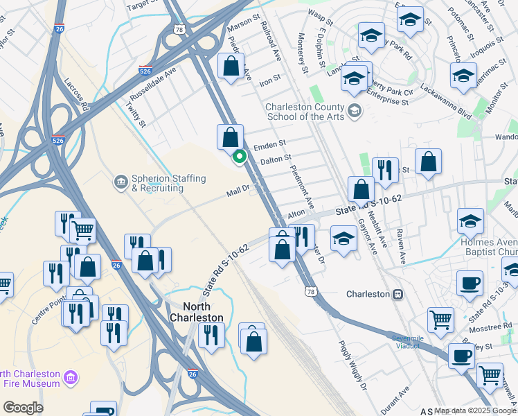 map of restaurants, bars, coffee shops, grocery stores, and more near 4835 Rivers Avenue in North Charleston