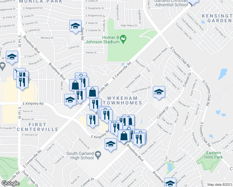 map of restaurants, bars, coffee shops, grocery stores, and more near 3202E Wykes Drive in Garland