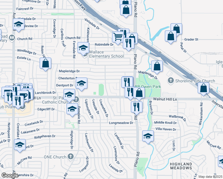 map of restaurants, bars, coffee shops, grocery stores, and more near 9755 Lanward Circle in Dallas