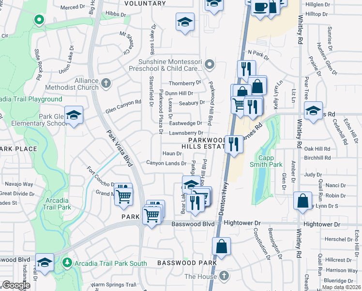map of restaurants, bars, coffee shops, grocery stores, and more near 5520 Murton Place in Fort Worth
