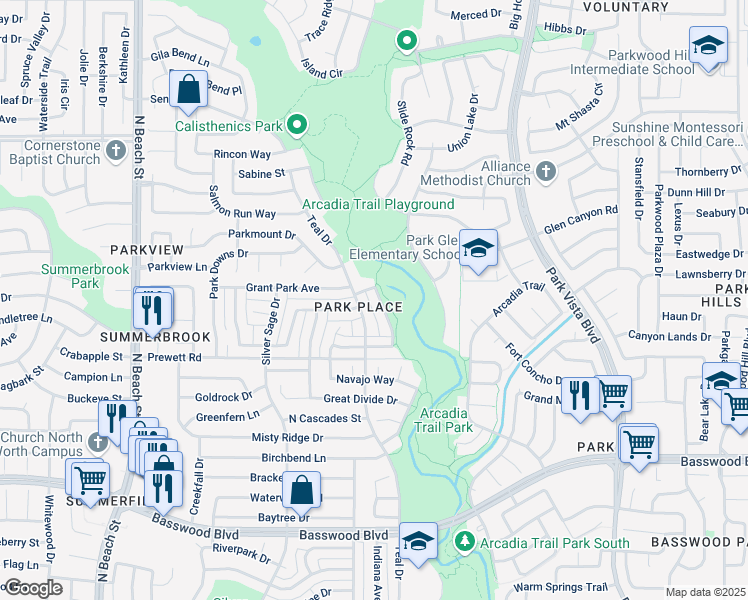 map of restaurants, bars, coffee shops, grocery stores, and more near 7805 Park Trails Drive in Fort Worth