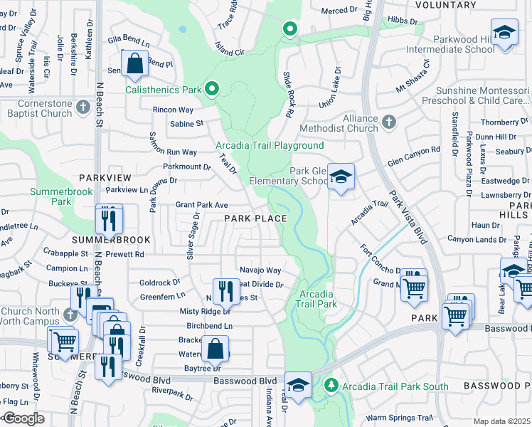 map of restaurants, bars, coffee shops, grocery stores, and more near 7805 Park Trails Drive in Fort Worth