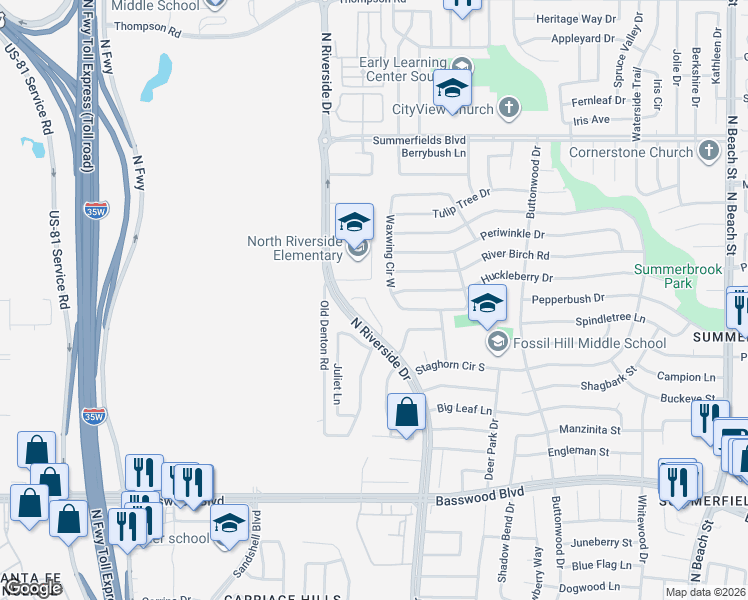 map of restaurants, bars, coffee shops, grocery stores, and more near 7636 Brittany Place in Fort Worth