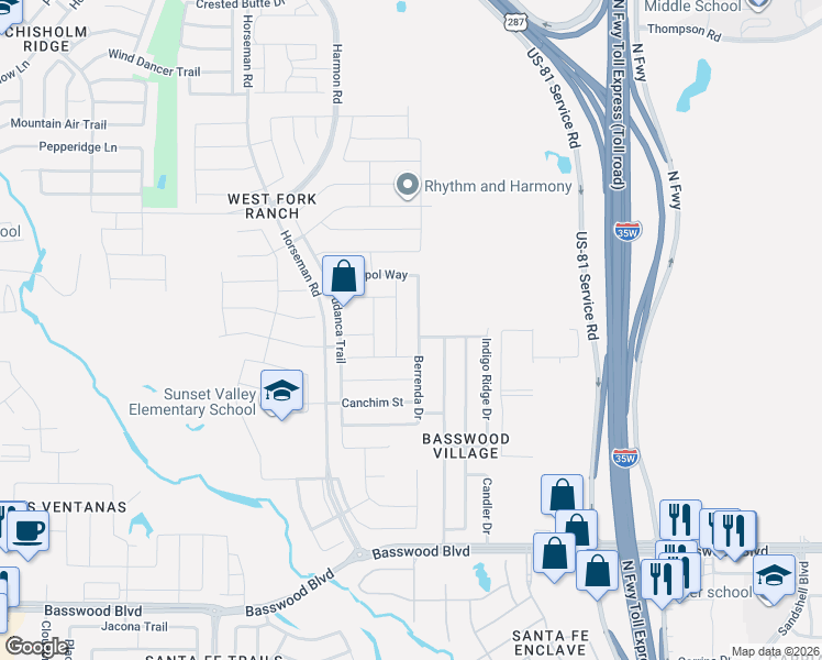 map of restaurants, bars, coffee shops, grocery stores, and more near 7725 Shorthorn Way in Fort Worth