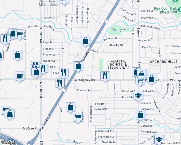 map of restaurants, bars, coffee shops, grocery stores, and more near 3033 Bonita Drive in Garland
