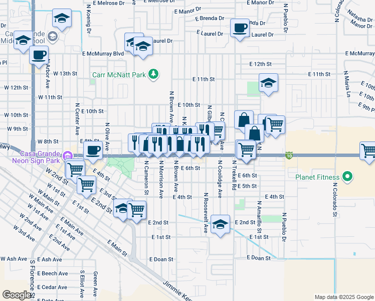 map of restaurants, bars, coffee shops, grocery stores, and more near 704 North Kadota Avenue in Casa Grande