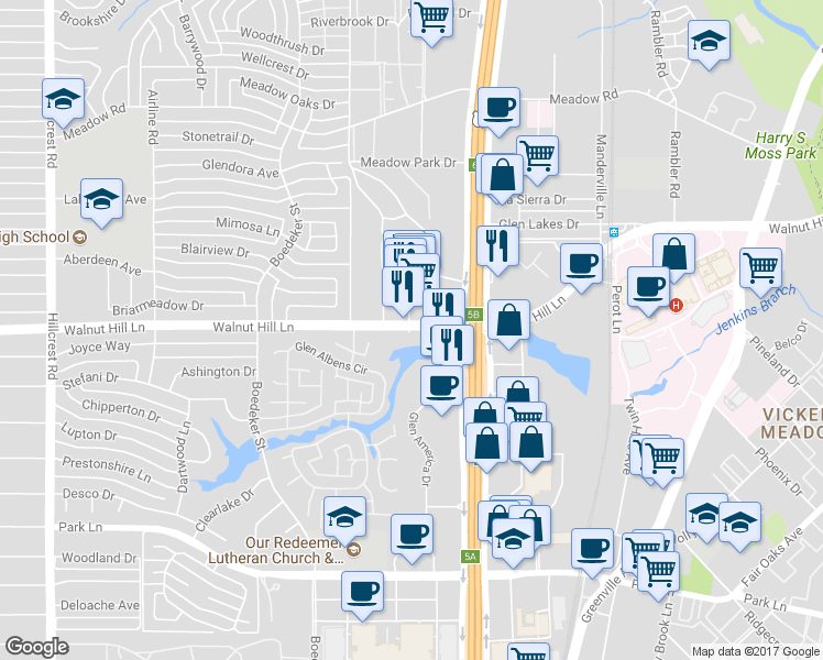 map of restaurants, bars, coffee shops, grocery stores, and more near 7750 Walnut Hill Ln in Dallas