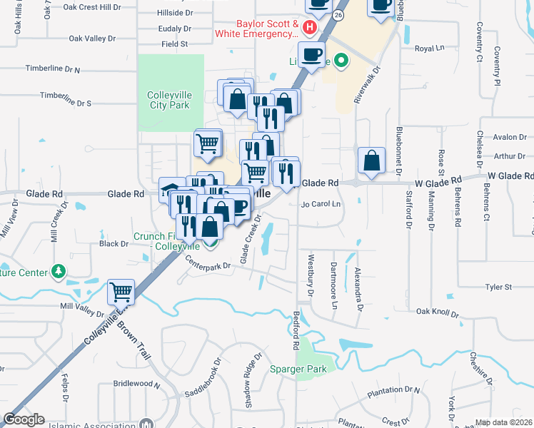 map of restaurants, bars, coffee shops, grocery stores, and more near 4925 Lakewood Dr in Colleyville