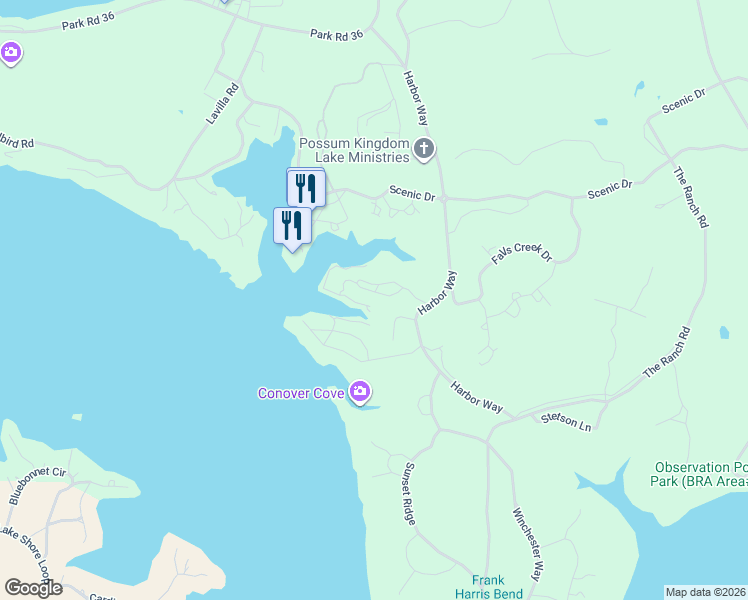 map of restaurants, bars, coffee shops, grocery stores, and more near 2195 Century Oak Drive in Graford