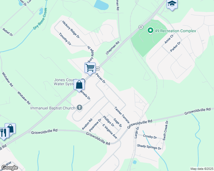 map of restaurants, bars, coffee shops, grocery stores, and more near 132 Pecan Drive in Macon