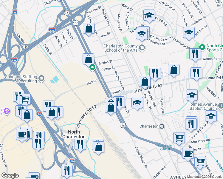 map of restaurants, bars, coffee shops, grocery stores, and more near 4814 U.S. 78 in North Charleston