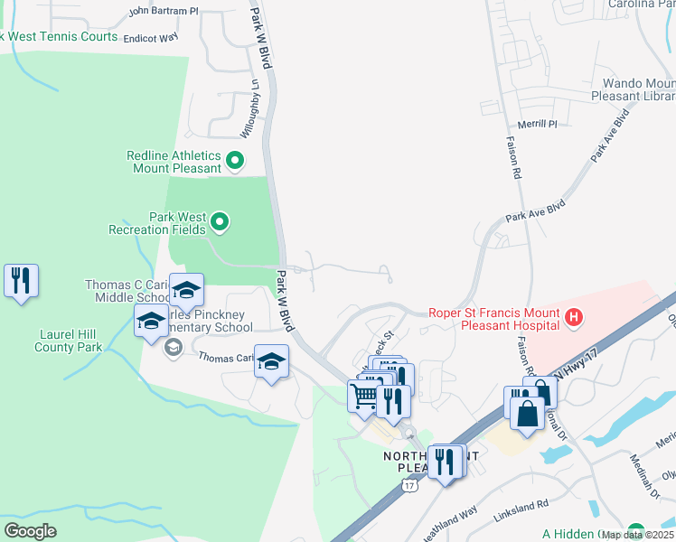 map of restaurants, bars, coffee shops, grocery stores, and more near 1300 Park West Boulevard in Mount Pleasant