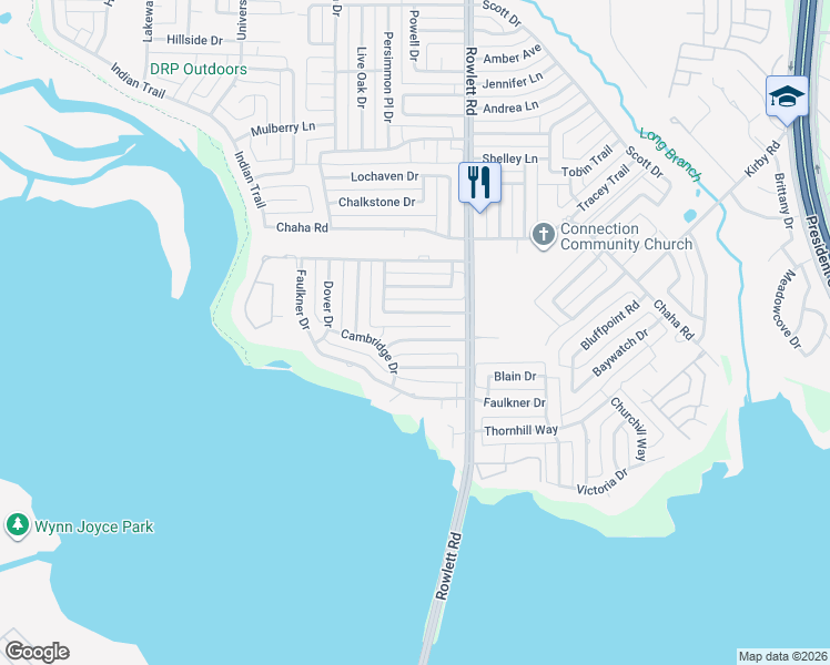 map of restaurants, bars, coffee shops, grocery stores, and more near 3301 Oxford Drive in Rowlett
