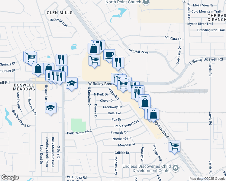 map of restaurants, bars, coffee shops, grocery stores, and more near 1300 North Creek Drive in Fort Worth