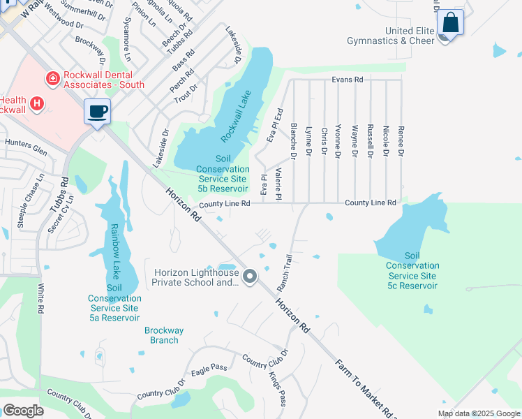 map of restaurants, bars, coffee shops, grocery stores, and more near 367 County Line Road in Rockwall