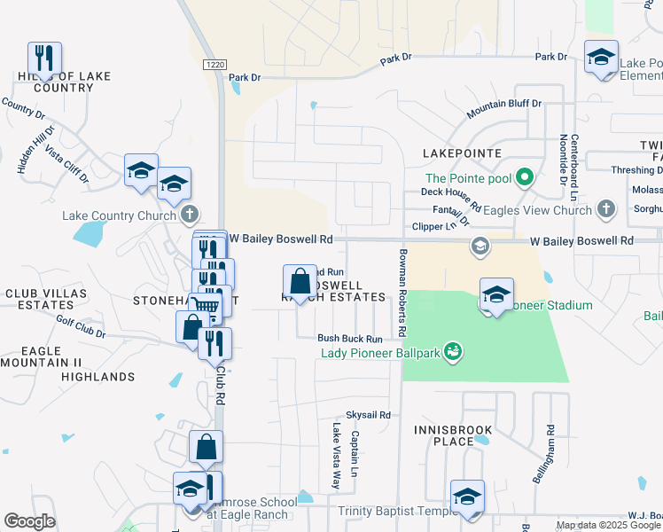map of restaurants, bars, coffee shops, grocery stores, and more near 6262 Eland Run in Fort Worth