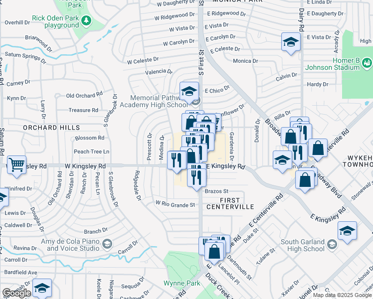 map of restaurants, bars, coffee shops, grocery stores, and more near 3001 South 1st Street in Garland